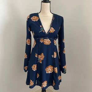 Floral Mini Dress Small‎ Long Sleeve Navy Orange Lace Trim VNeck Boho Bloomcore